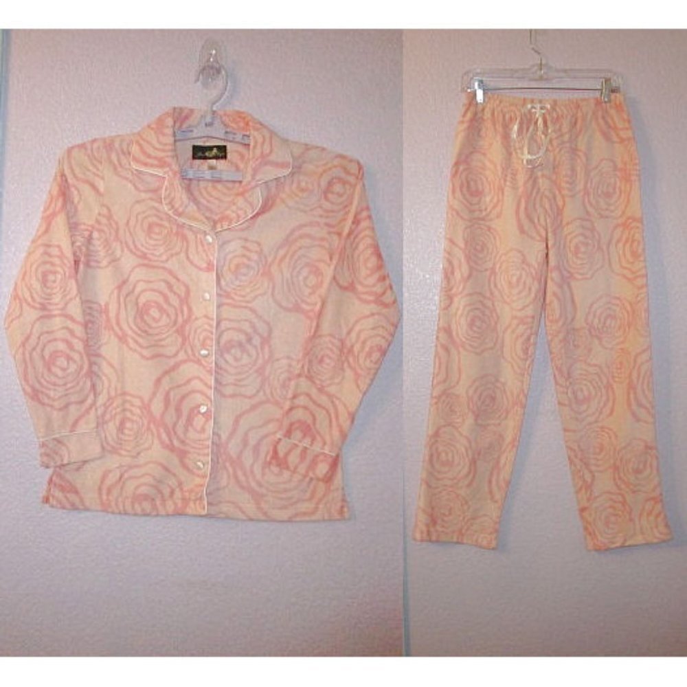 Floral Fleece Pajama Set S Top & Pants Pockets 2 Piece Granny Cottagecore Shabby